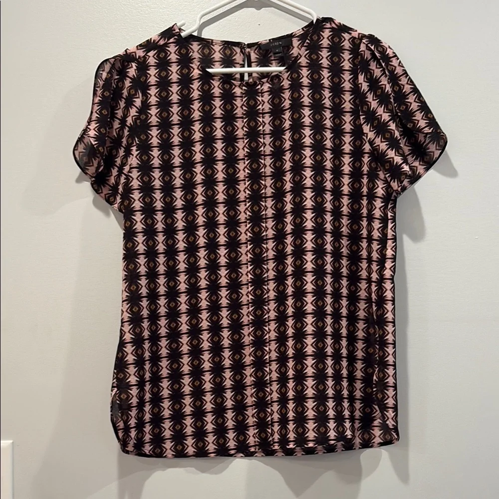 J. Crew Brown and Pink Boxy Blouse with Cuffed Sleeves